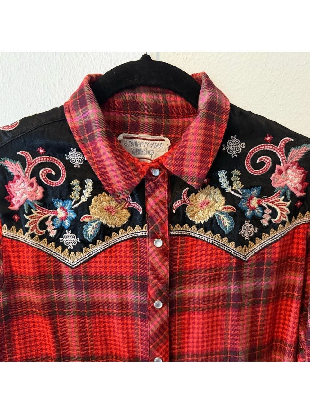 Johnny Was Esme Embroidered Western Pearlsnap Shirt Red Plaid Rodeo Women's XXS - Picture 4 of 14